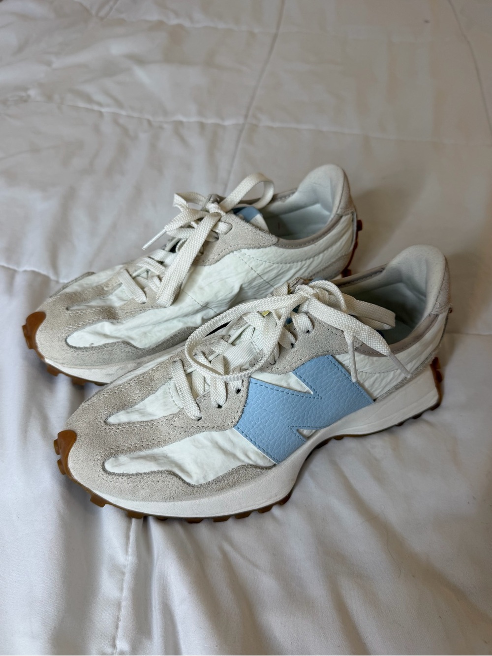 New Balance White and Light Blue Women’s Sneakers